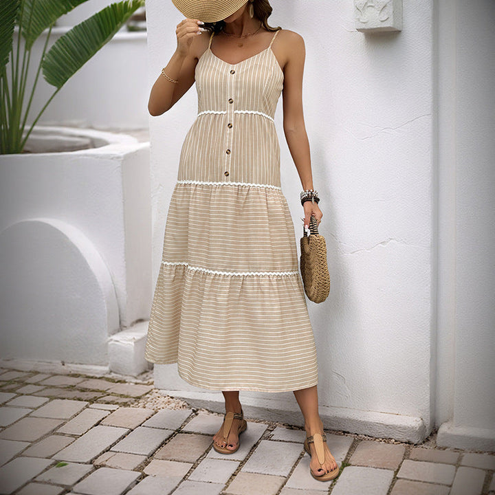Artisio | Women Neutral Stripe Midi Dress
