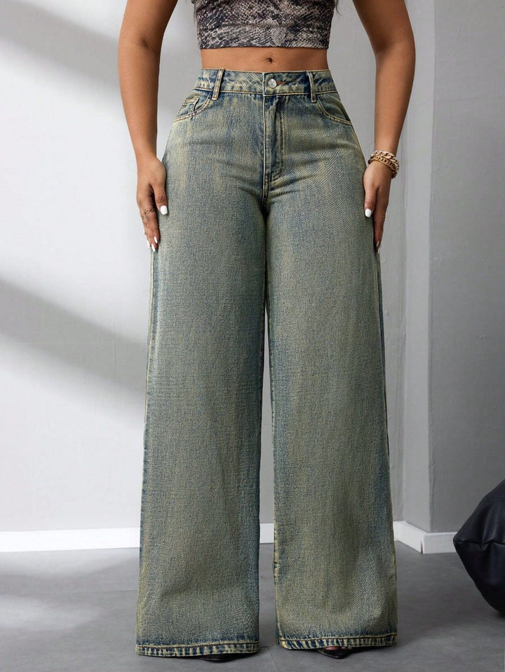 Artisio | Women Retro Faded Wide Denim Jeans