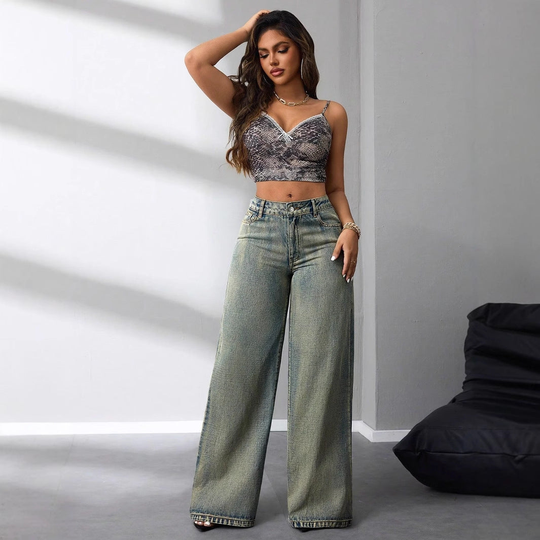 Artisio | Women Retro Faded Wide Denim Jeans