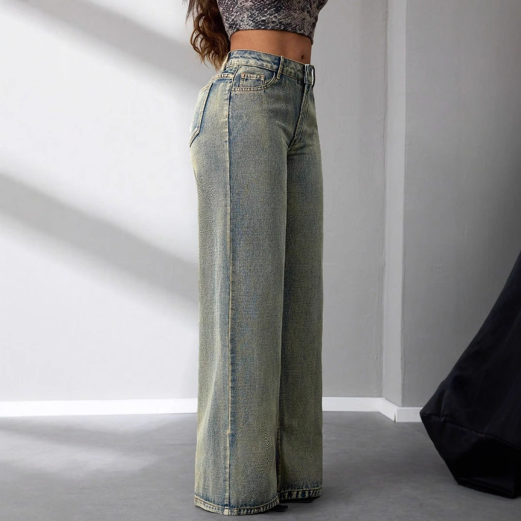 Artisio | Women Retro Faded Wide Denim Jeans