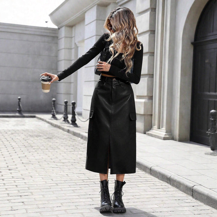 Artisio | Women Sleek Leather Midi Skirt