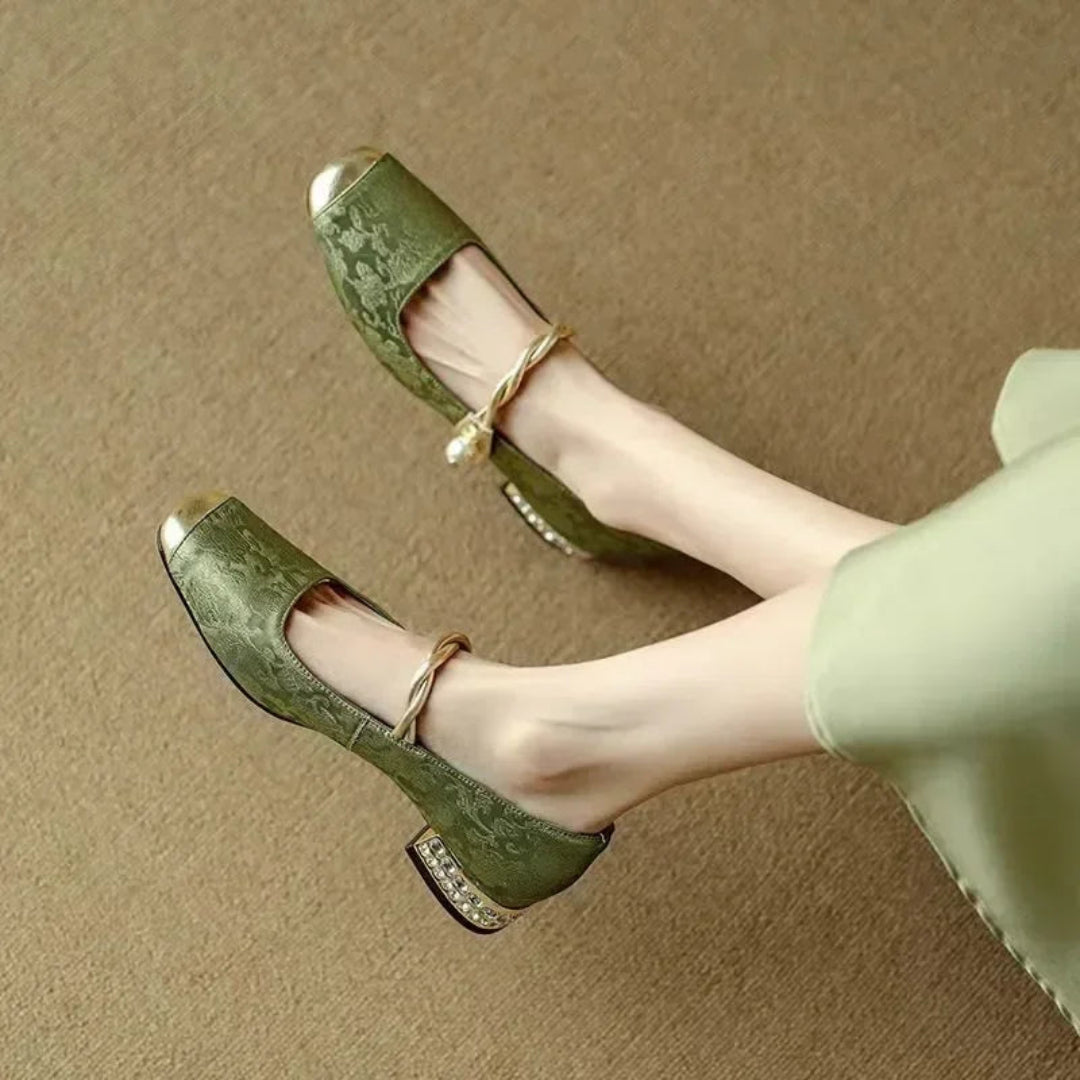 Aurelia Vintage Pearl Low Block Strap Heels