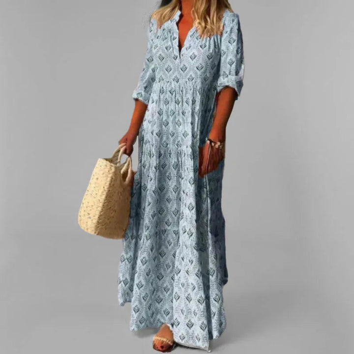 Belle Stand Collar Vintage Print Maxi Dress
