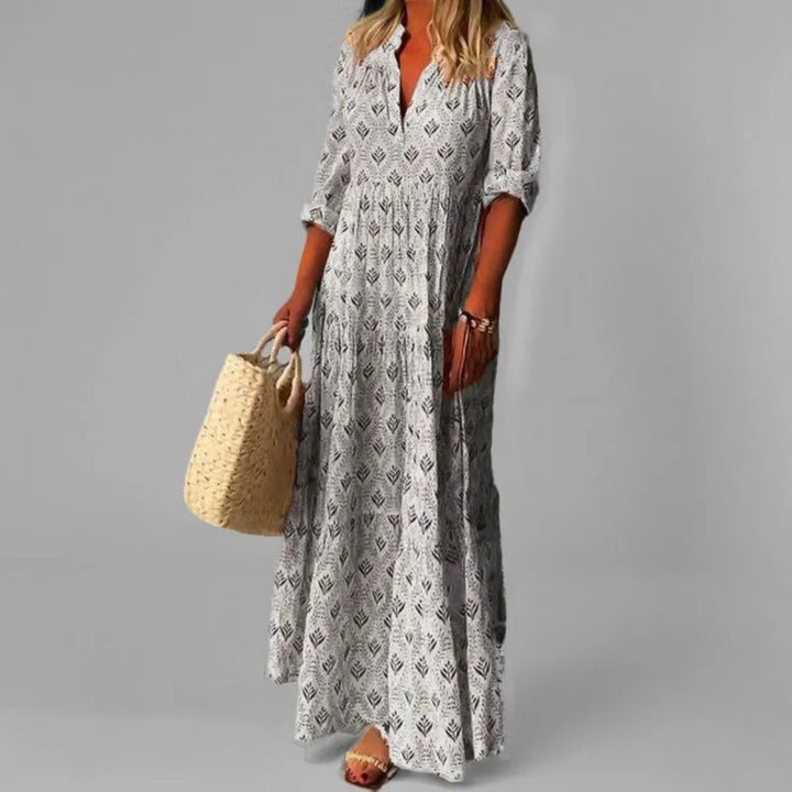 Belle Stand Collar Vintage Print Maxi Dress