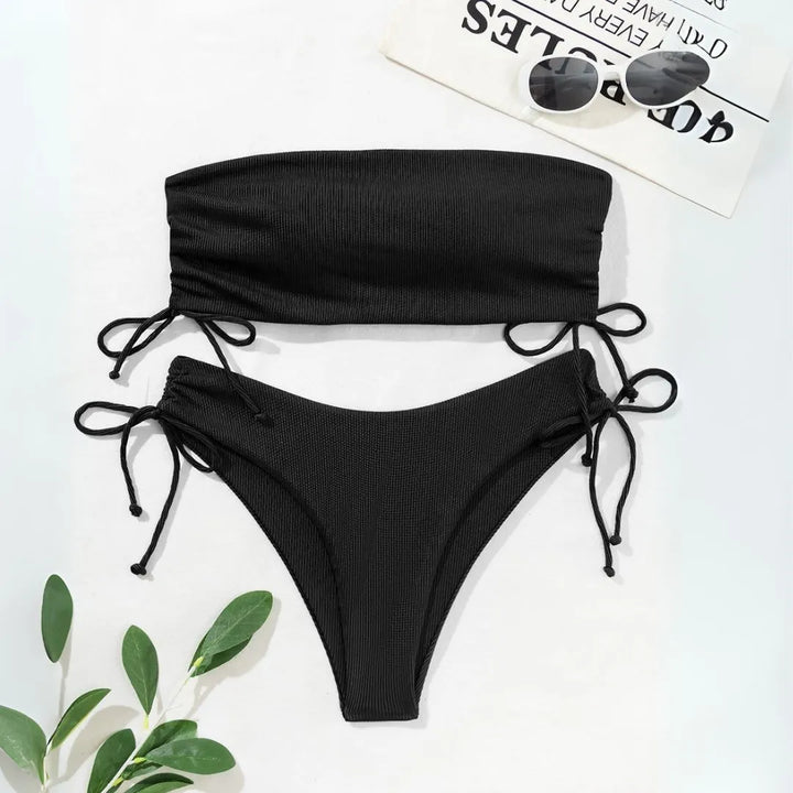 Black Ribbed Bandeau Side Tie Bikini Set
