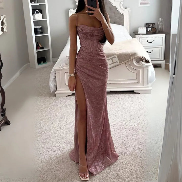 Celeste Glitter Spaghetti Corset Maxi Dress