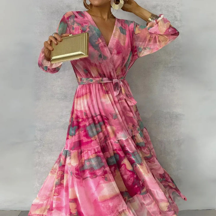 Cher V-Neck Watercolor Pleated Maxi Dress
