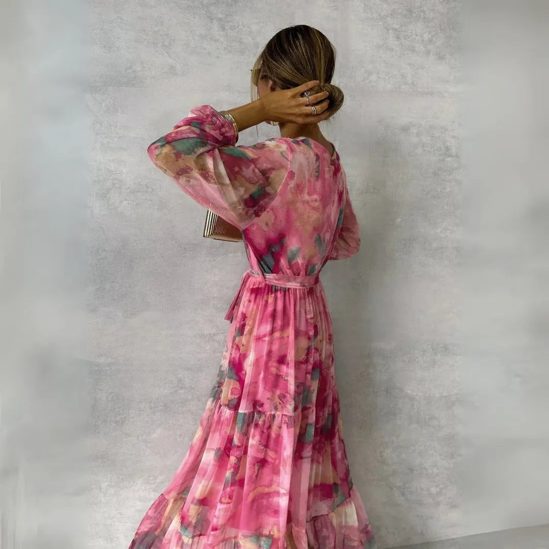 Cher V-Neck Watercolor Pleated Maxi Dress