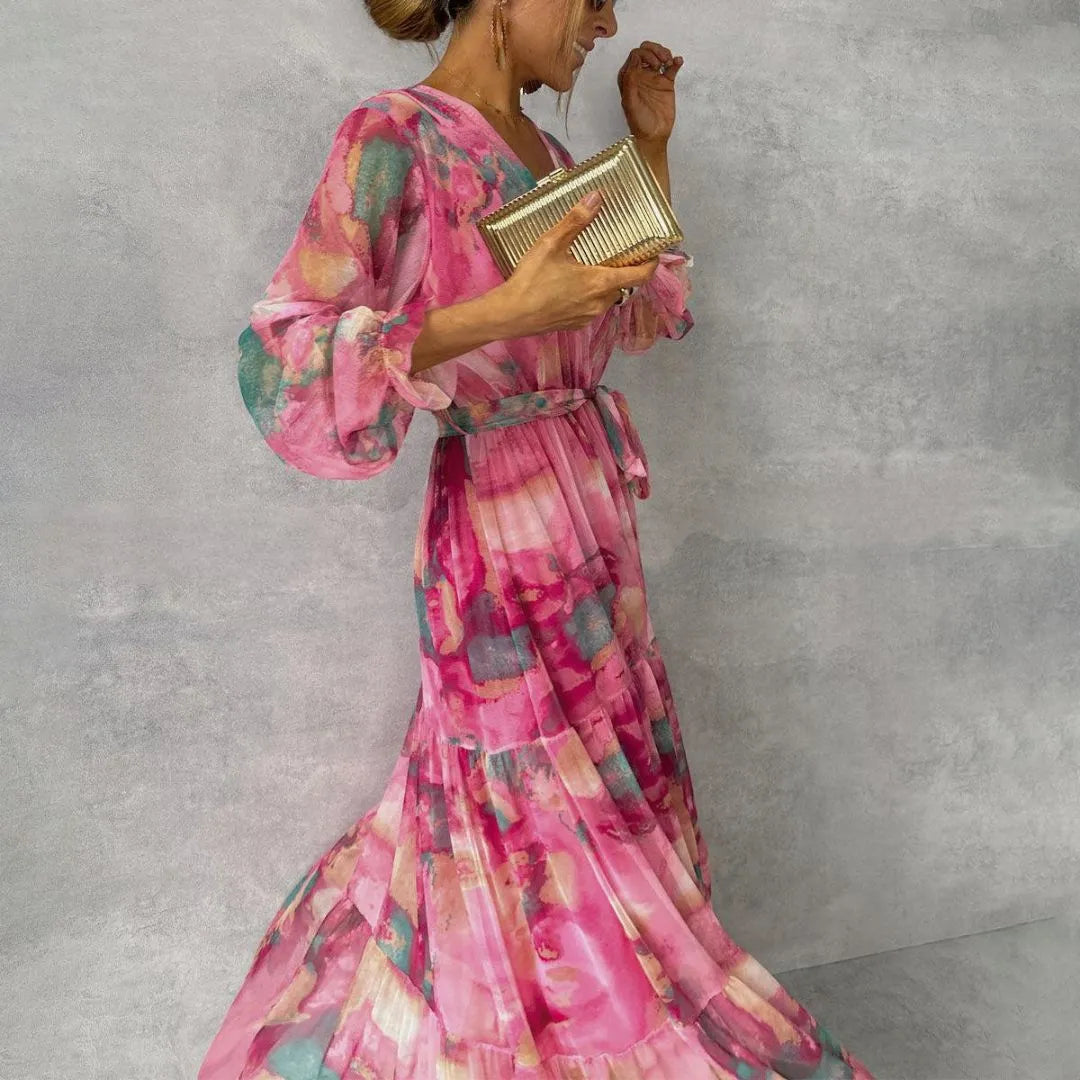 Cher V-Neck Watercolor Pleated Maxi Dress