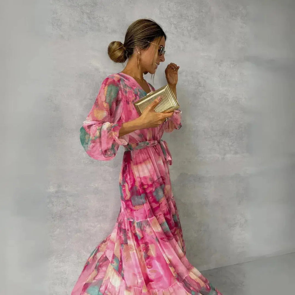 Cher V-Neck Watercolor Pleated Maxi Dress Artisio