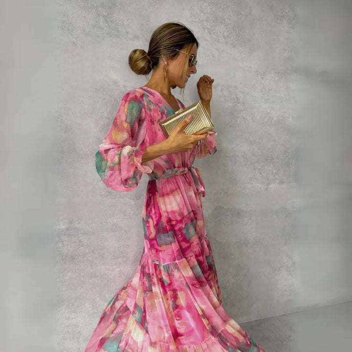 Cher V-Neck Watercolor Pleated Maxi Dress