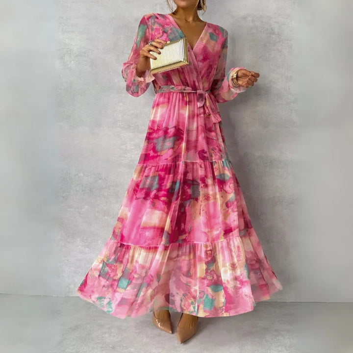 Cher V-Neck Watercolor Pleated Maxi Dress
