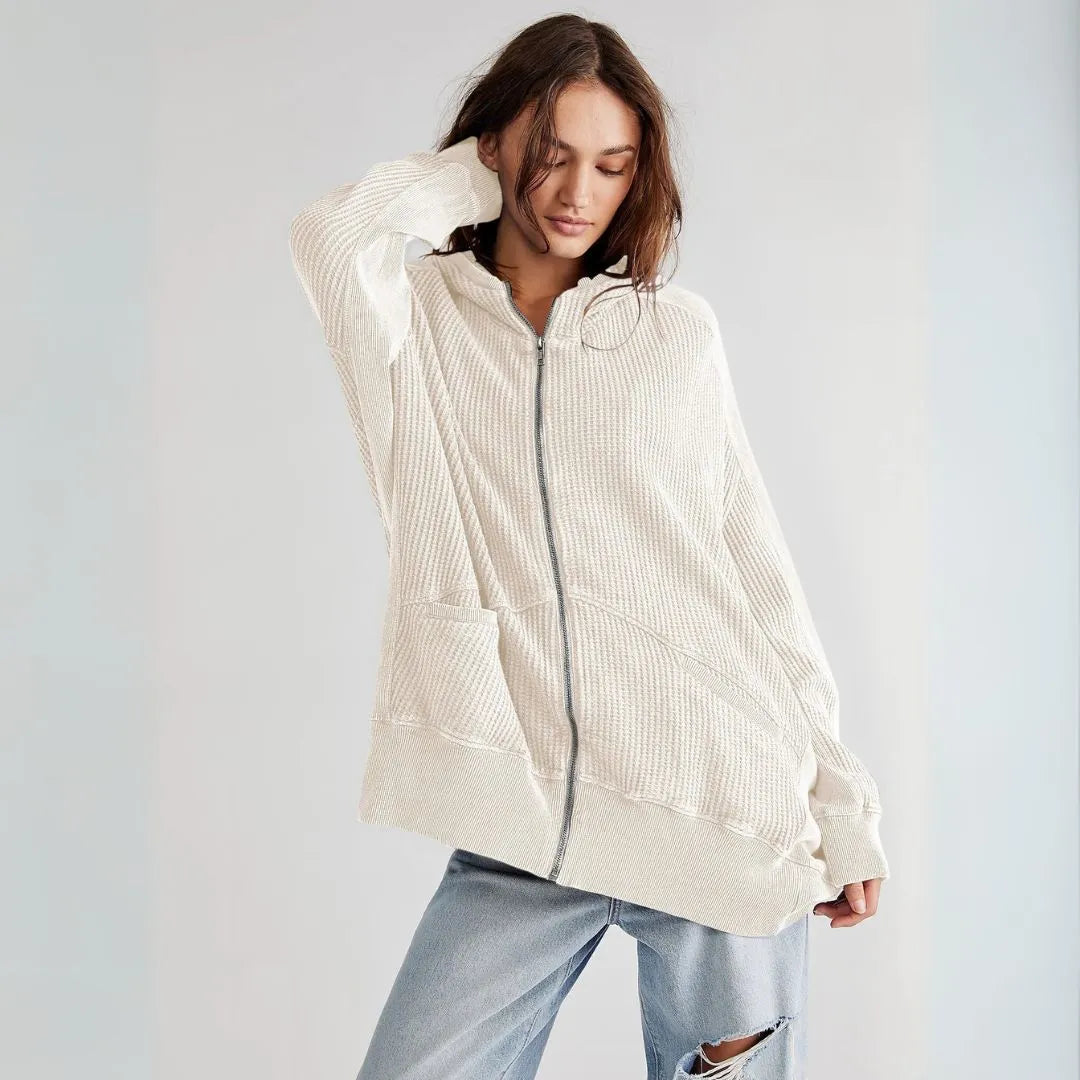 Clarrise Oversized Waffle-Knit Zip Hoodie
