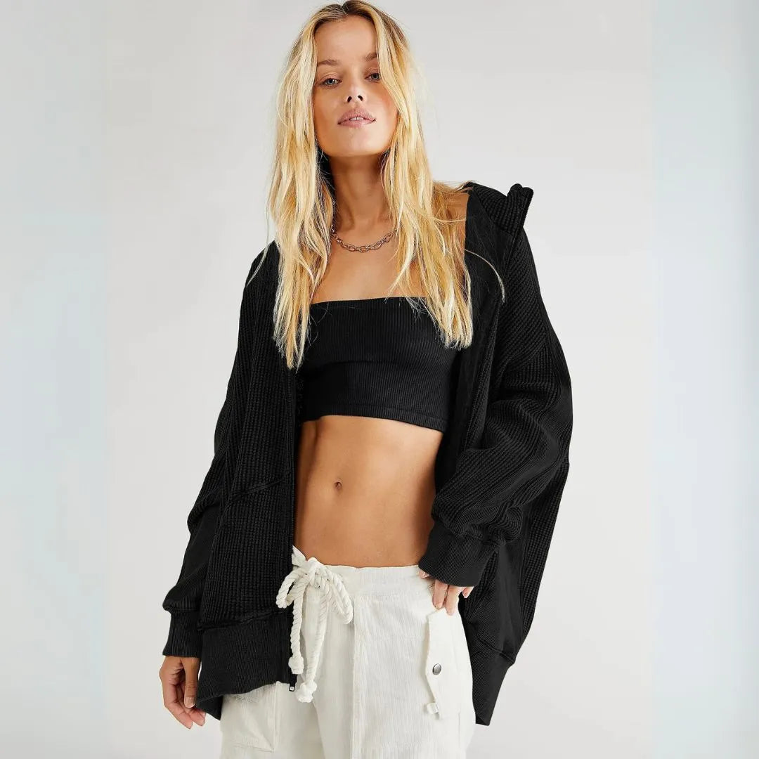 Clarrise Oversized Waffle-Knit Zip Hoodie