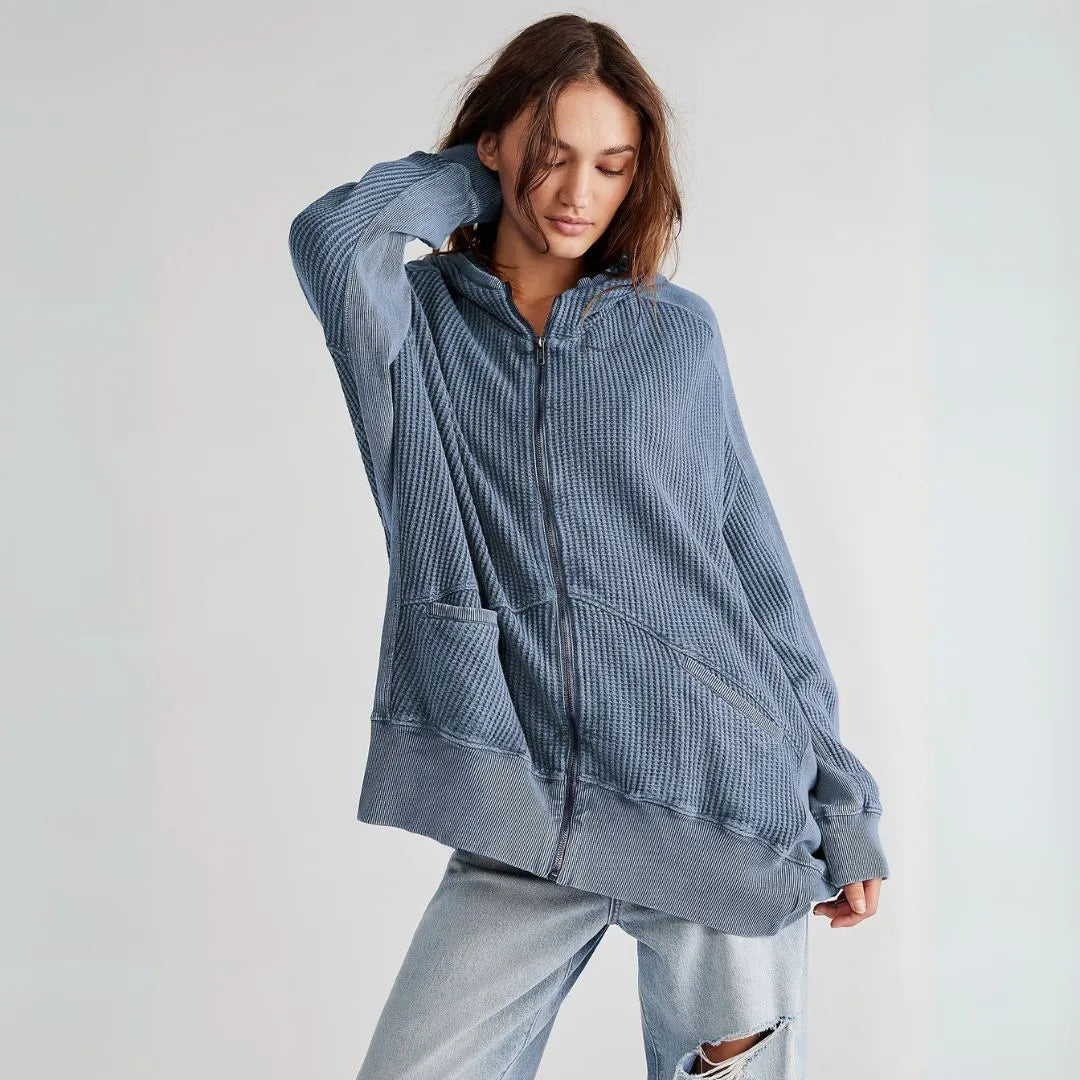 Clarrise Oversized Waffle-Knit Zip Hoodie