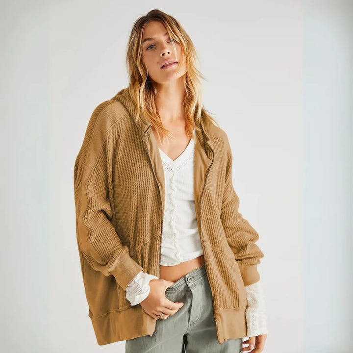Clarrise Oversized Waffle-Knit Zip Hoodie