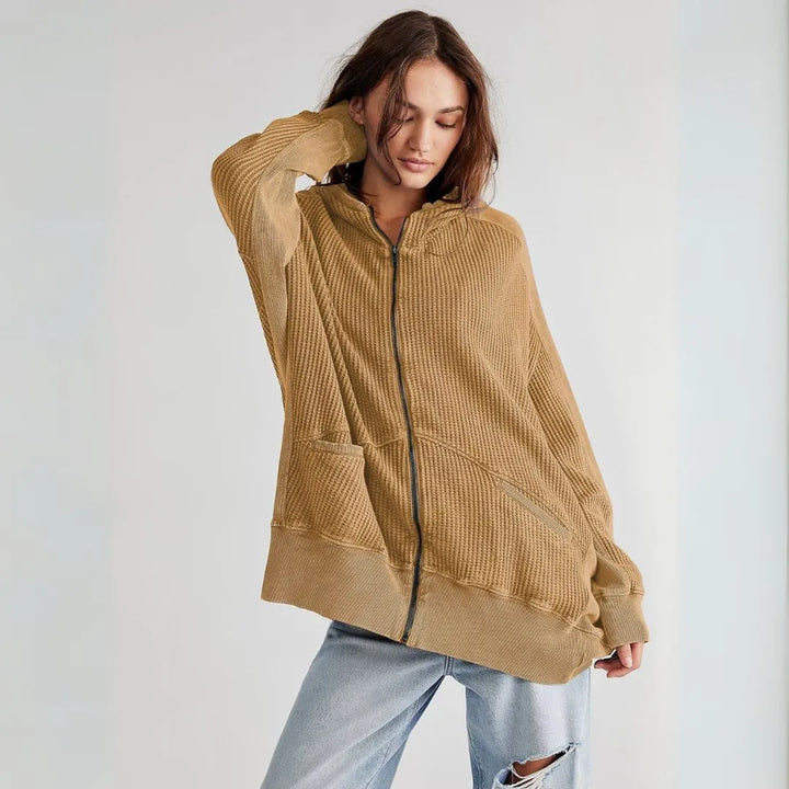 Clarrise Oversized Waffle-Knit Zip Hoodie