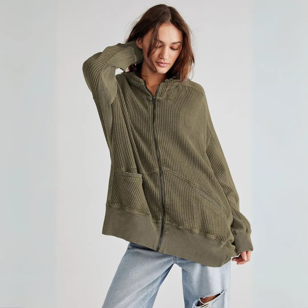 Clarrise Oversized Waffle-Knit Zip Hoodie