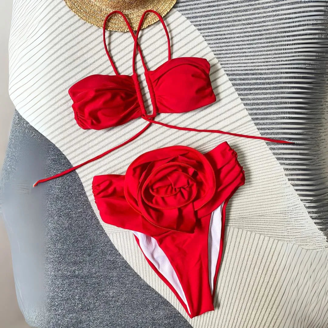 Dawn Floral Appliqué High-Waisted Halter Bikini Set