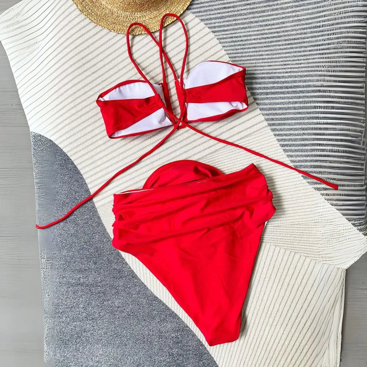 Dawn Floral Appliqué High-Waisted Halter Bikini Set
