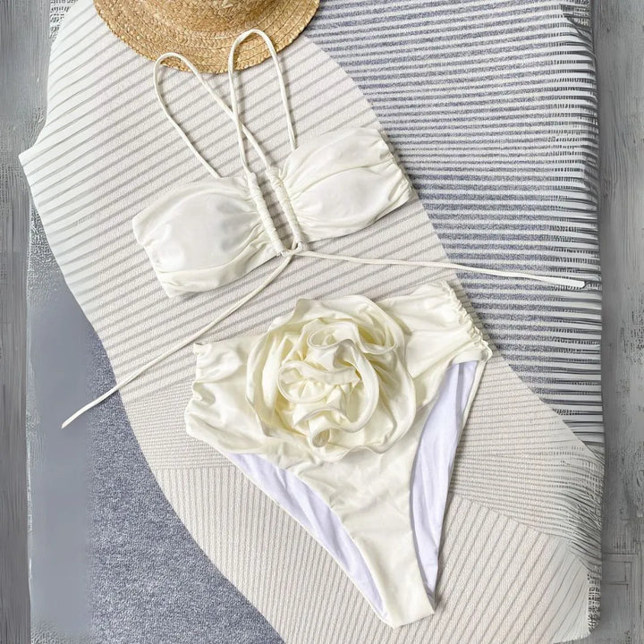 Dawn Floral Appliqué High-Waisted Halter Bikini Set
