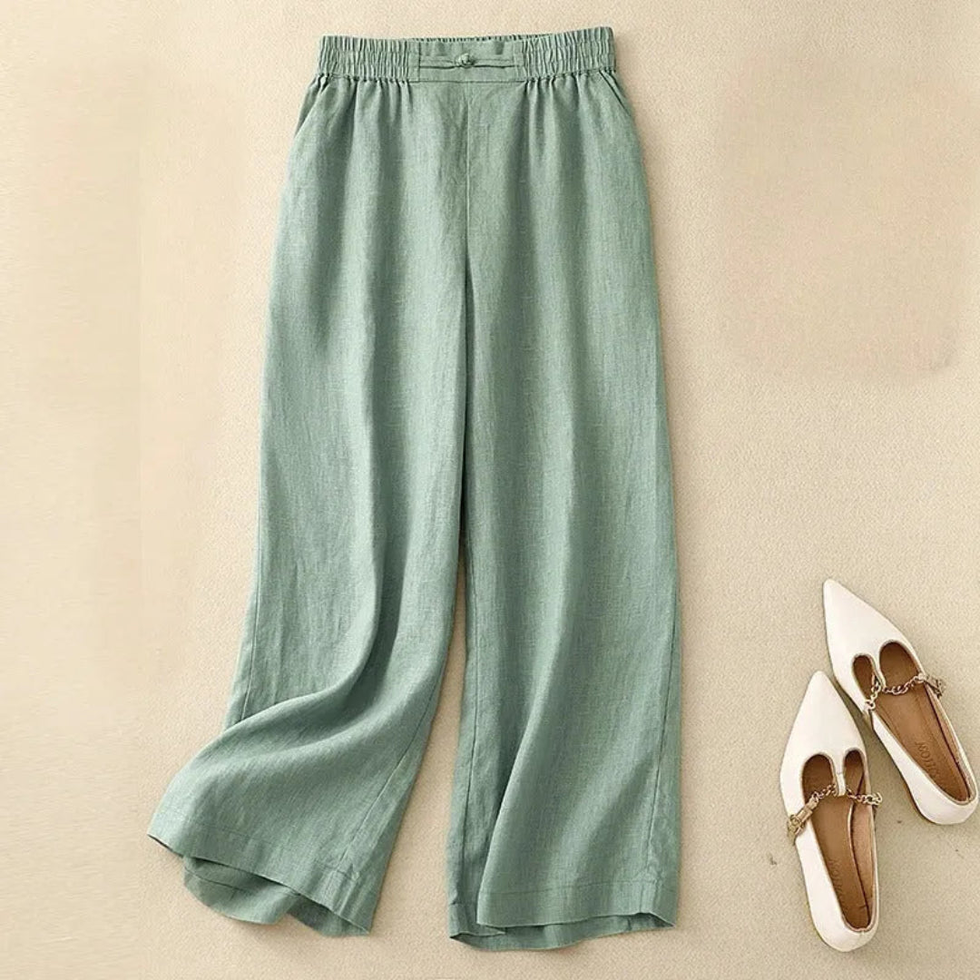 Elise Elastic Waist Wide-Leg Linen Trousers Artisio