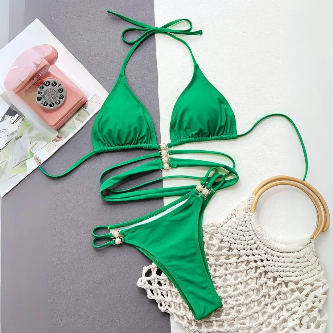 Emerald Pearl Embellished Strappy Bikini Set