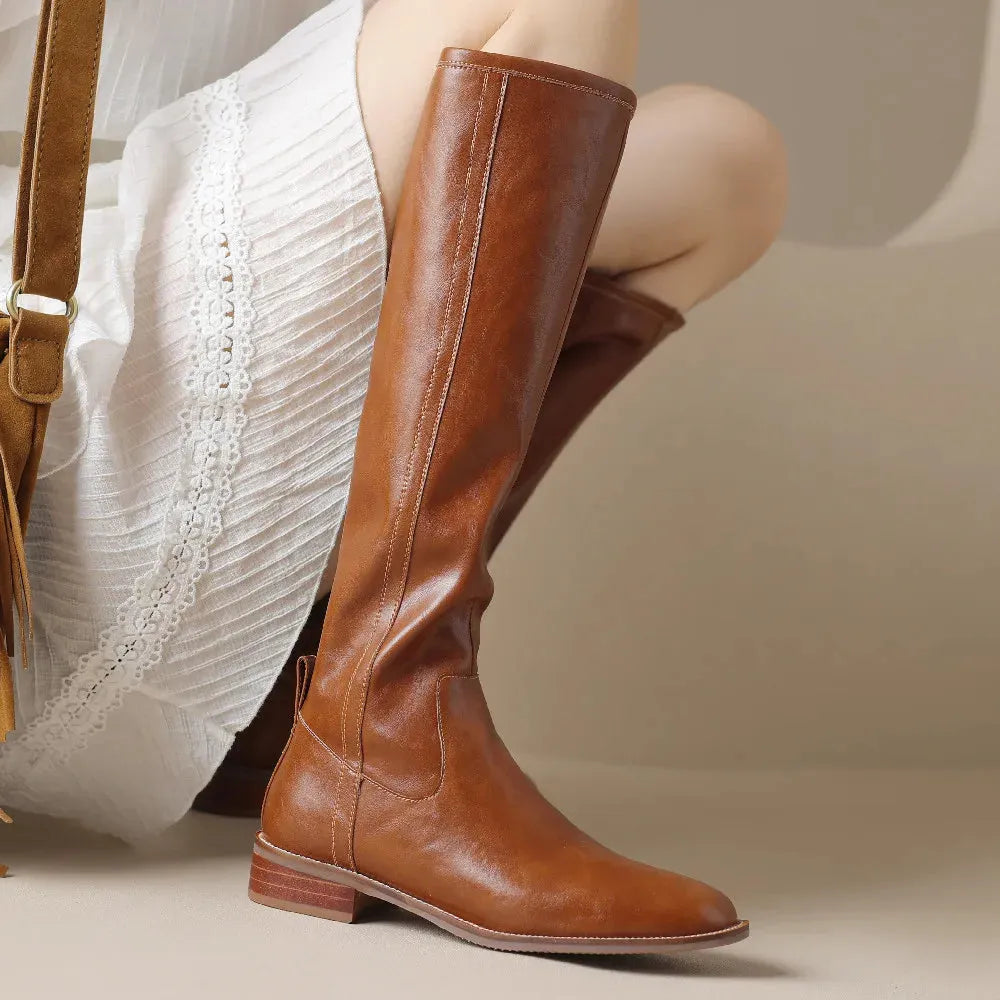 Emilia Women’s Leather Low Stacked Heel Knee-High Boots Artisio