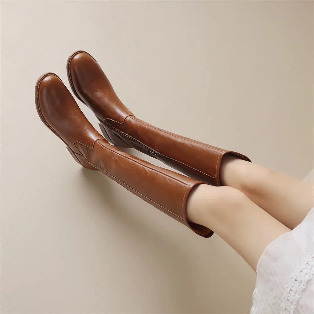 Emilia Women’s Leather Low Stacked Heel Knee-High Boots Artisio
