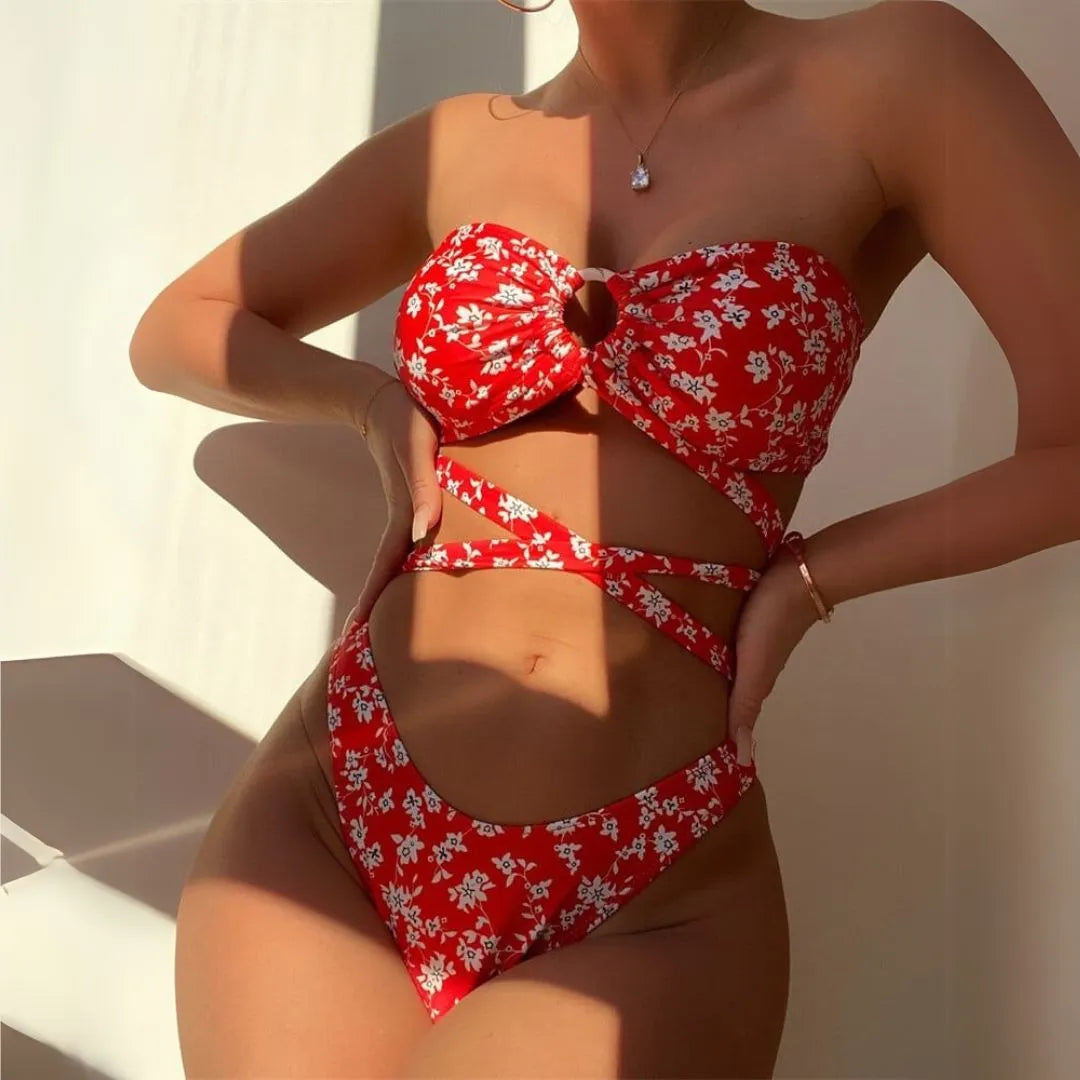 Floral Bandeau Crisscross Bikini Set