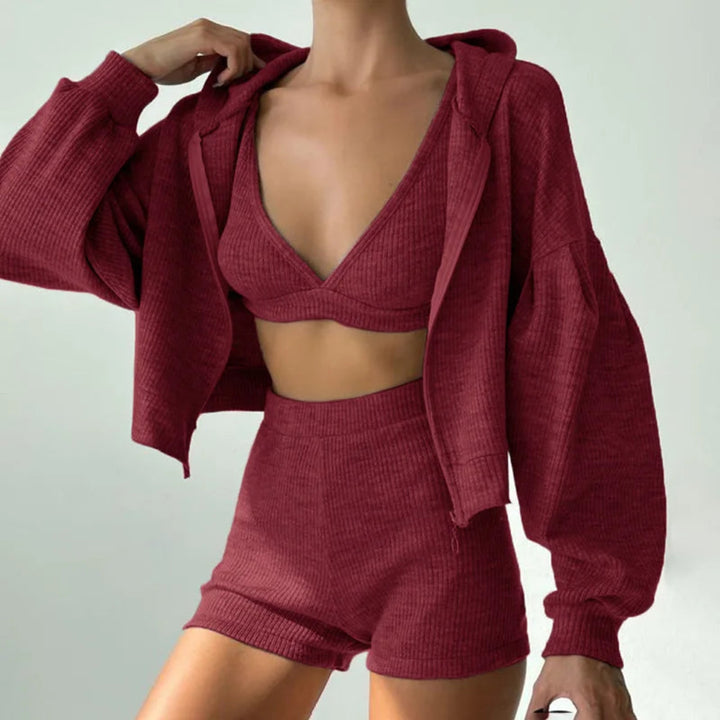 Variant image for Women's Loungewear Set Gray Size M Knit 3-Piece with Zip-Up Hoodie, Bralette, and Shorts-10