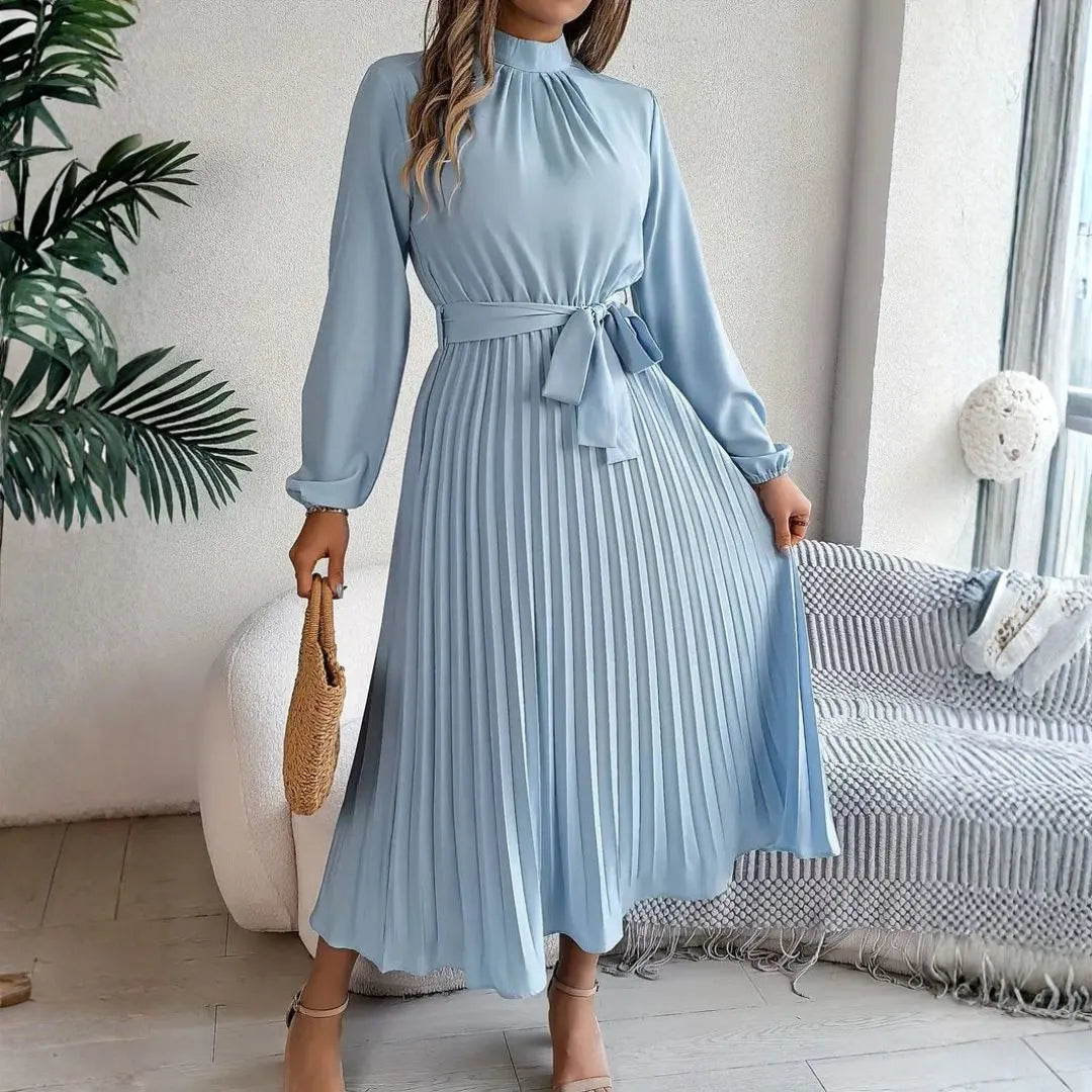 Issy Long-Sleeve Pleated Belted Midi Dress Artisio