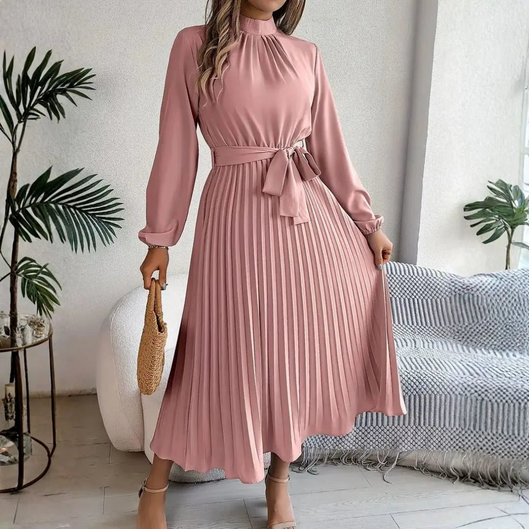 Issy Long-Sleeve Pleated Belted Midi Dress Artisio