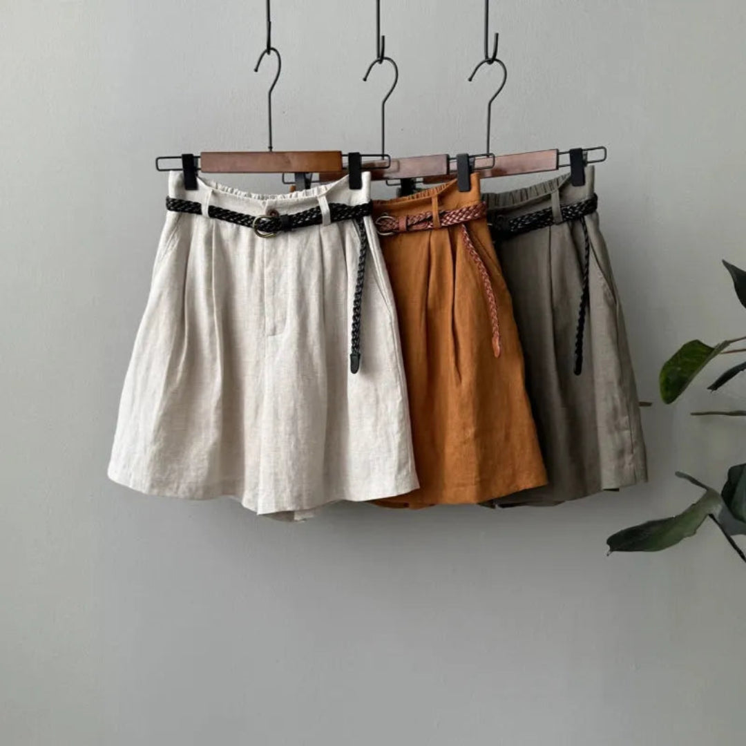 Kayla High-Waisted Belted Linen Shorts Artisio
