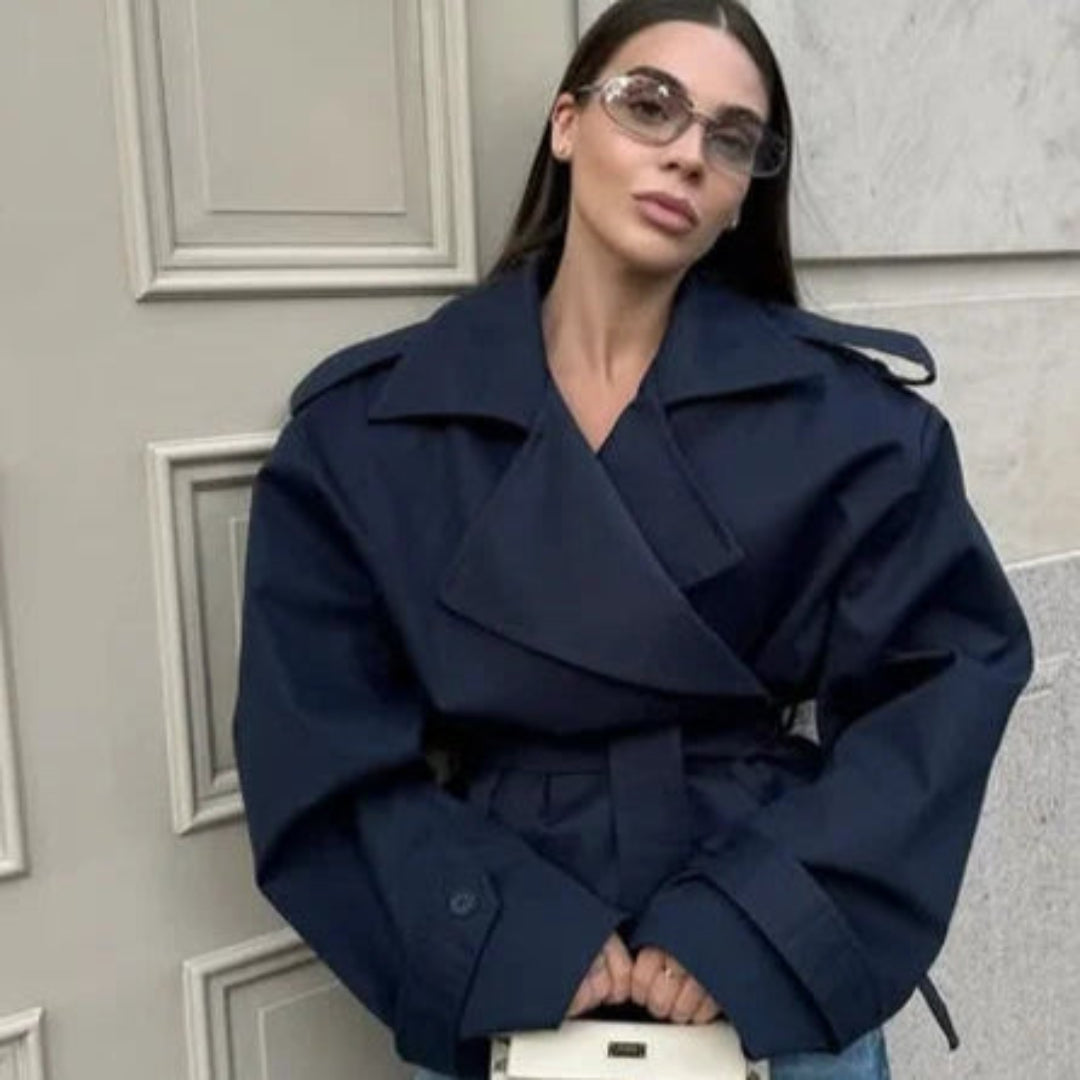 Women's Lace-up Cropped Trench Coat Chic Collar Long Sleeves Lapel Wide Shoulder Windbreaker Jacket Fall Commuting Daily Jackets Artisio