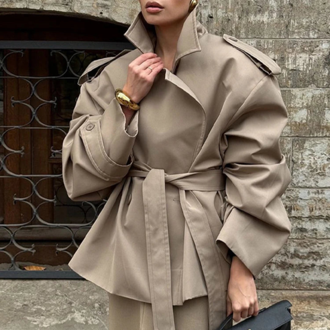 Women's Lace-up Cropped Trench Coat Chic Collar Long Sleeves Lapel Wide Shoulder Windbreaker Jacket Fall Commuting Daily Jackets Artisio