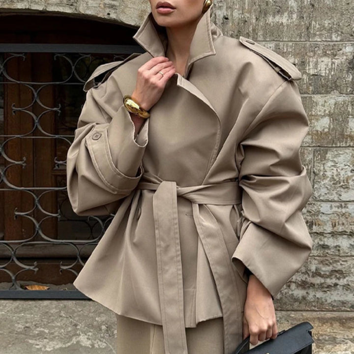 Women's Lace-up Cropped Trench Coat Chic Collar Long Sleeves Lapel Wide Shoulder Windbreaker Jacket Fall Commuting Daily Jackets Artisio