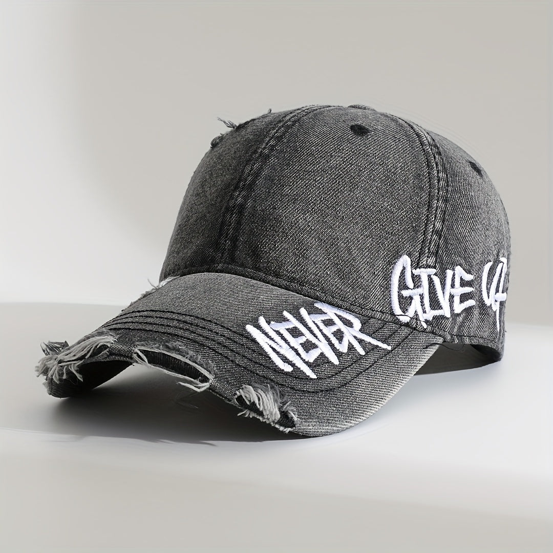 Never Give Up Washed Denim Cap