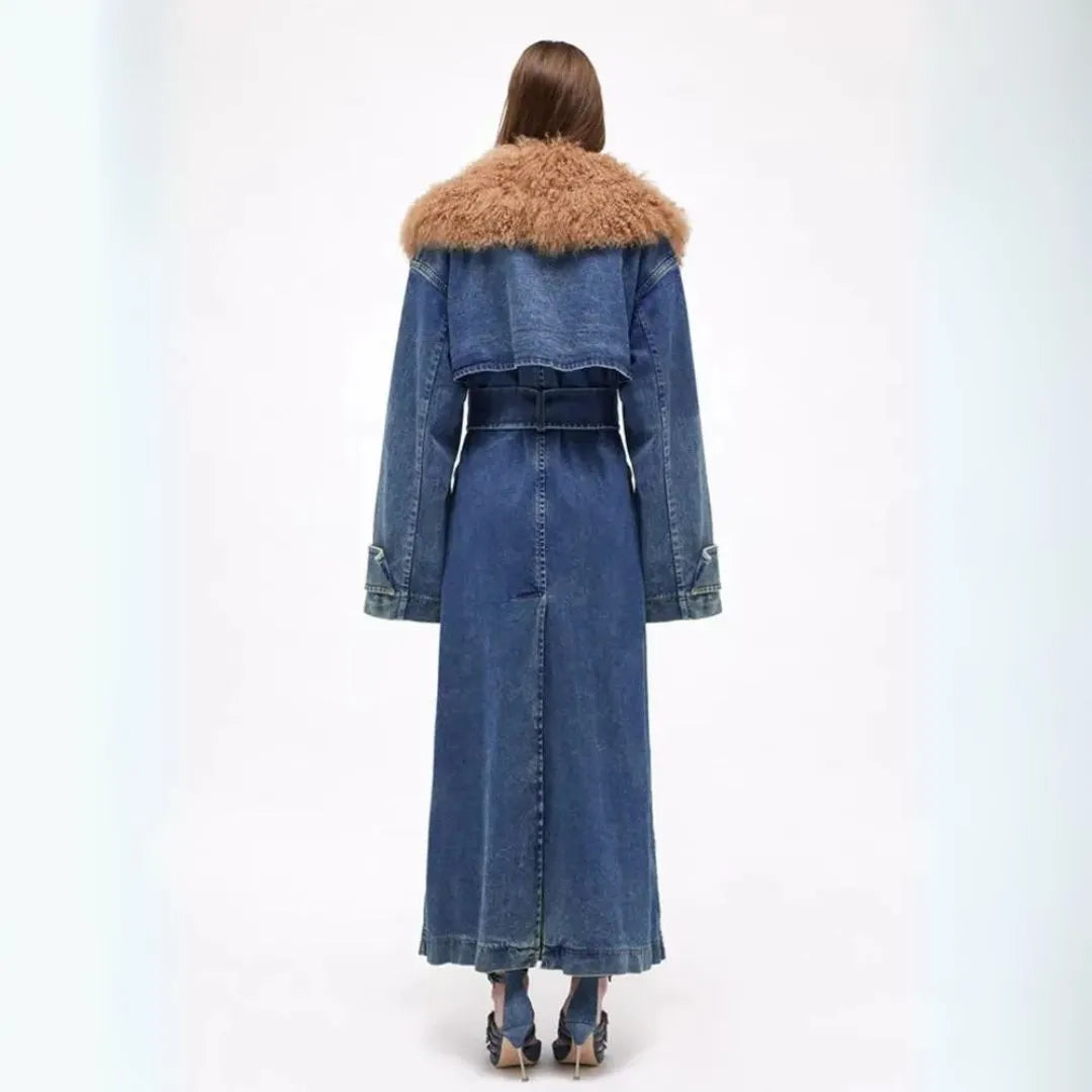 Clara Faux Fur Longline Denim Coat Artisio