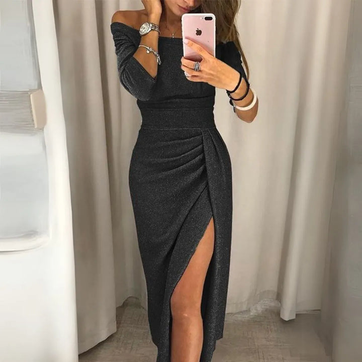 Olga Off-Shoulder Glitter Bodycon Ruched Slit Dress
