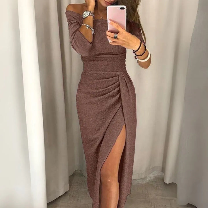 Olga Off-Shoulder Glitter Bodycon Ruched Slit Dress