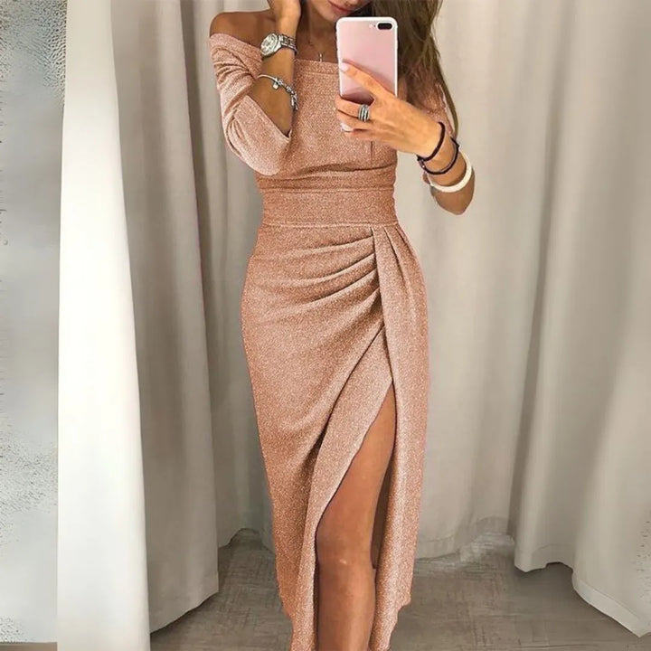 Olga Off-Shoulder Glitter Bodycon Ruched Slit Dress