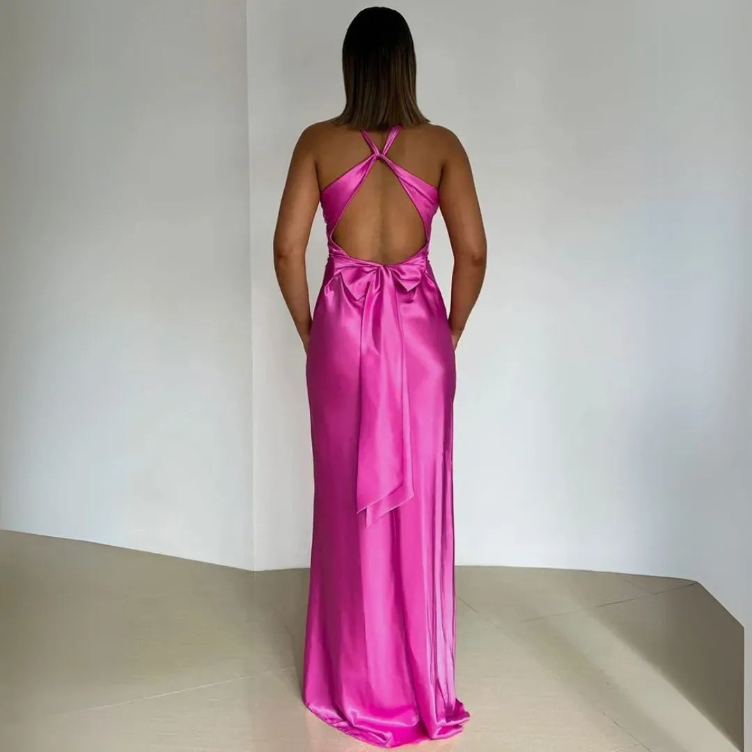 Penelope Twist-Front Halter Slip Maxi Dress