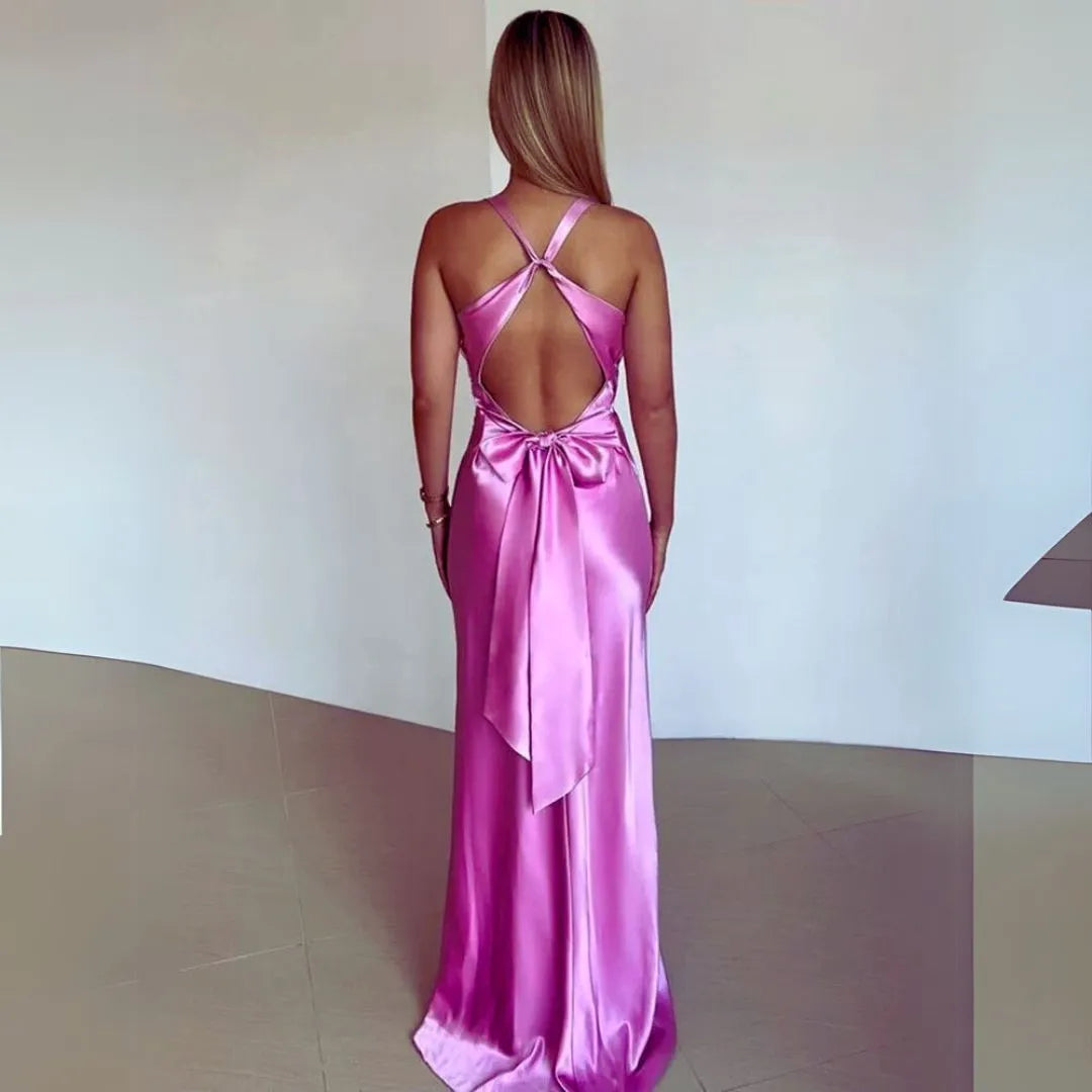 Penelope Twist-Front Halter Slip Maxi Dress
