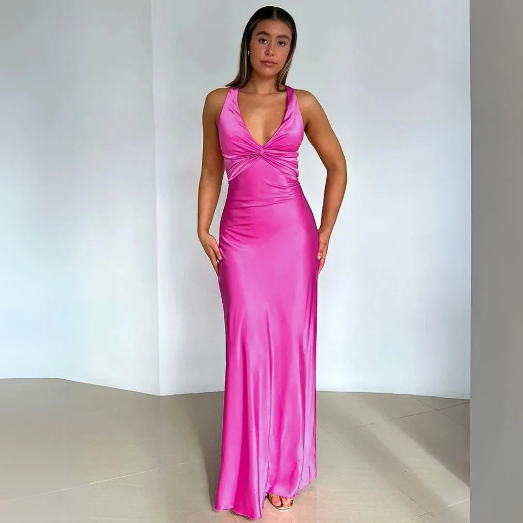 Penelope Twist-Front Halter Slip Maxi Dress