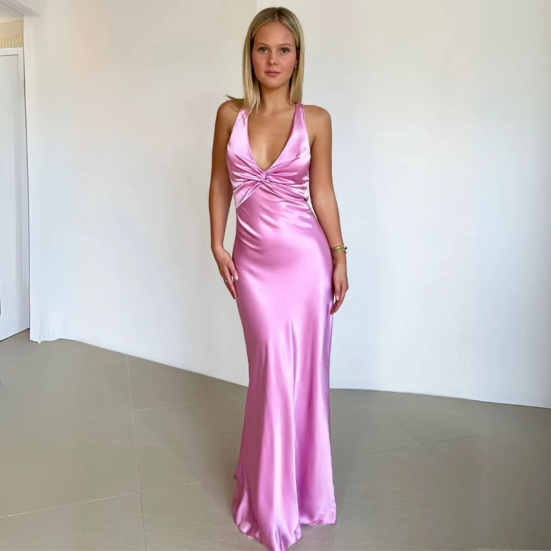 Penelope Twist-Front Halter Slip Maxi Dress