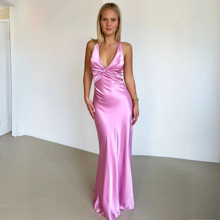 Penelope Twist-Front Halter Slip Maxi Dress