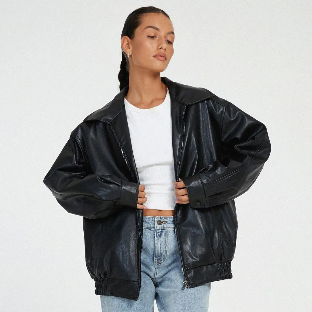 Raya Oversized Faux Leather Full-Zip Jacket Artisio