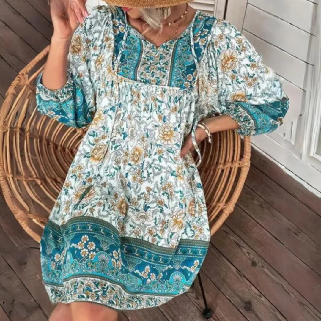Rebecca Flowy V-Neck Bohemian Mini Dress Artisio