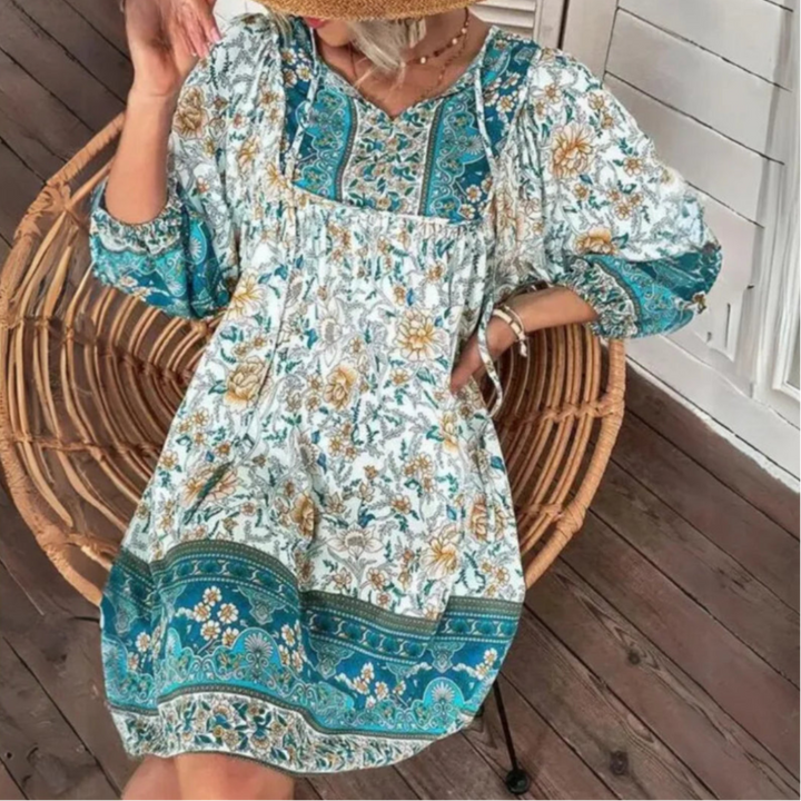 Rebecca Flowy V-Neck Bohemian Mini Dress Artisio